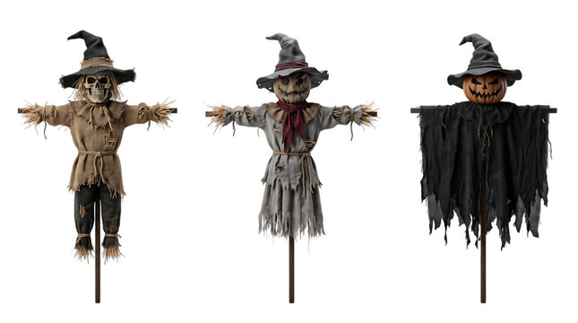 Three creepy halloween scarecrow decorations with witch hats isolated on a black background for holiday design