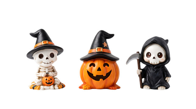 Three cute halloween miniature figurines featuring a skeleton a jack o lantern and a grim reaper