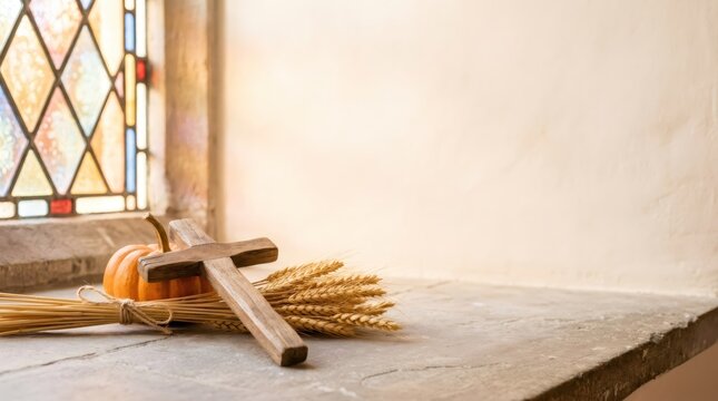 Wooden cross with pumpkin and wheat ears on church windowsill. Religious symbol of faith and harvest celebration. Spiritual still life for Thanksgiving and autumn holiday concept.