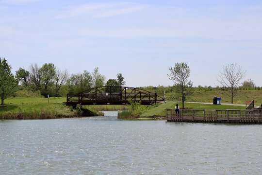 The calm lake on a bright sunny day.