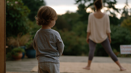 Obraz premium Child watching massage therapist parent practice self care stretches under overcast dramatic outdoor sky, small child perspective framing adult body in motion, dyslexia strategy
