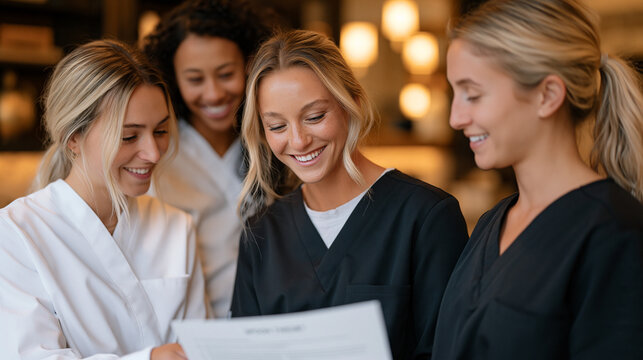 Dental hygienist team in candlelit private practice meeting room reviewing patient care charts, diverse team of four practitioners discussing spoon theory energy management