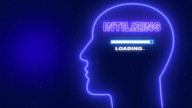 Initializing Neon blue outline of a human head profile with the word Server Security and a loading bar on a dark blue starry background