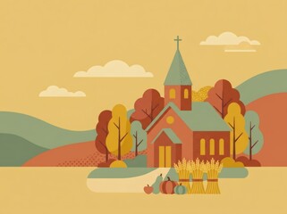 Obraz premium Small church in countryside surrounded by autumn trees. Rural village landscape with pumpkins and wheat sheaves. Thanksgiving harvest season celebration concept. Flat vector illustration.