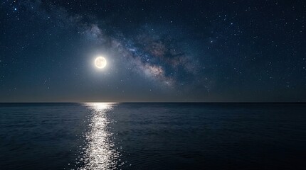 Obraz premium A full moon illuminates a calm ocean under a breathtaking night sky filled with stars and the Milky Way. The moon's light reflects on the water, creating shimmering patterns.