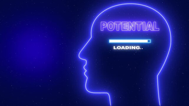 Potential Neon blue outline of a human head profile with the word Server Security and a loading bar on a dark blue starry background