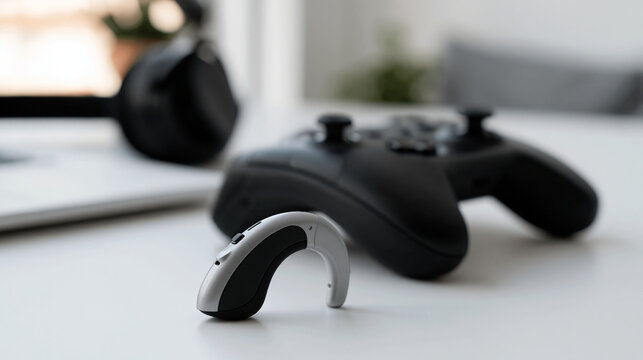 Sleek hearing aid device resting beside game controller and developer headset on sterile white surface, symbolic still life arrangement for game development industry representing
