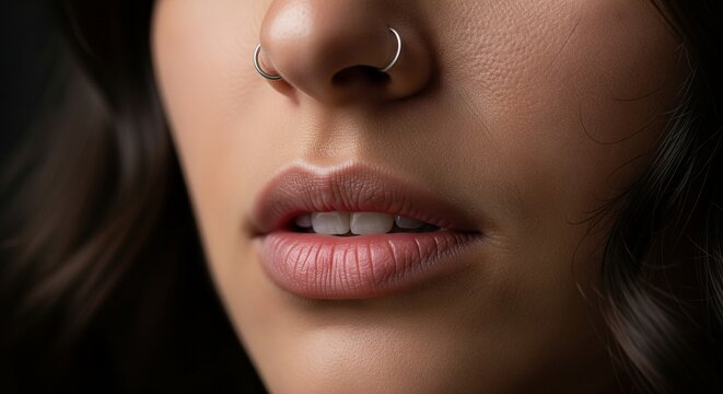 Close-up on a woman's lips and nose with a septum piercing, emphasizing beauty and personal style