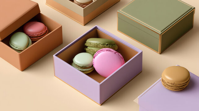 Assorted colorful macarons in pastel gift boxes on a beige background. Elegant arrangement of French cookies perfect for celebration, dessert, or gift packaging concepts.