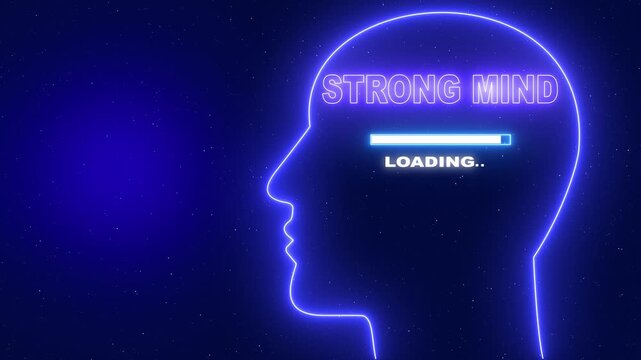 Strong Mind Neon blue outline of a human head profile with the word Server Security and a loading bar on a dark blue starry background