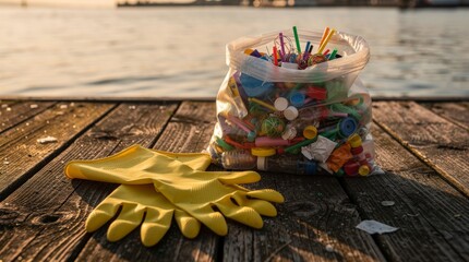 Fototapeta premium Yellow Gloves and Bag of Ocean Plastic Pollution by the Water