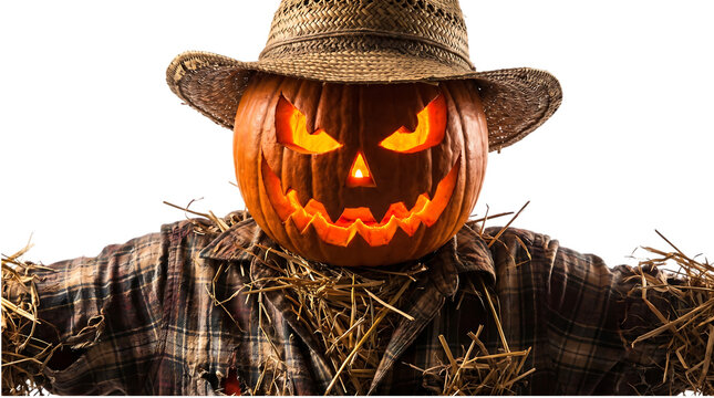 Scary halloween scarecrow with a glowing carved pumpkin head wearing a straw hat on black background