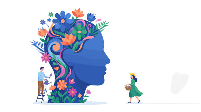 Illustration of people gardening around a profile of a head filled with flowers, symbolizing mental growth and well-being.