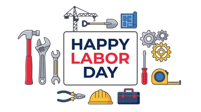 Illustration celebrating Labor Day with various construction and DIY tools, a blueprint, and gears.