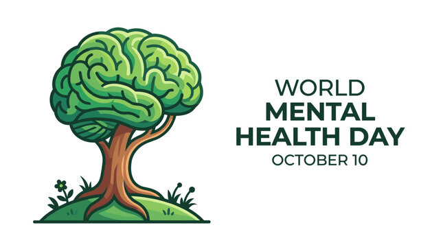 Illustration for World Mental Health Day, featuring a tree shaped like a human brain on a grassy hill with small flowers.