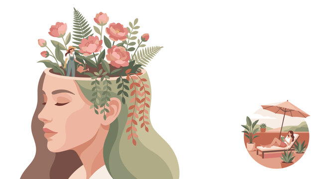 Conceptual illustration of a woman's head filled with a blooming garden, symbolizing growth, peace, and mental well-being.