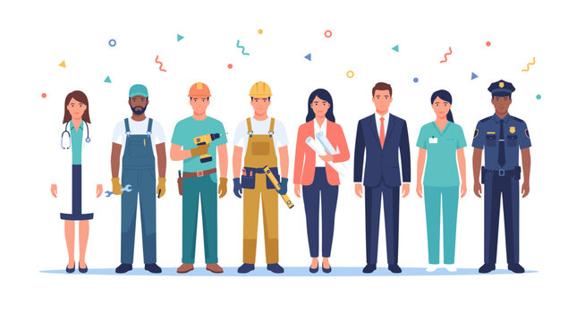 A diverse group of professionals including a doctor, construction workers, an architect, and a police officer, representing various careers.