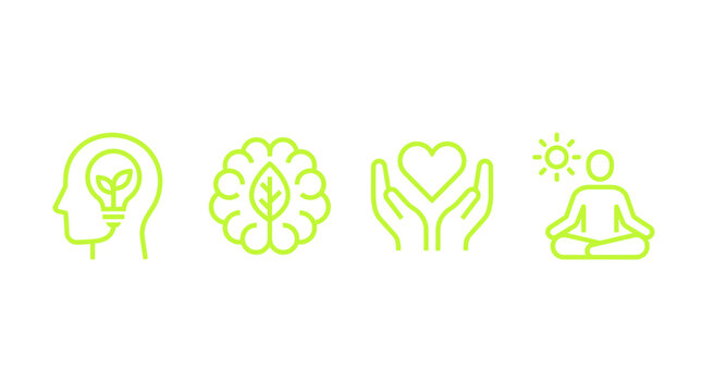 Set of icons representing an eco-friendly mindset, healthy brain, caring hands with a heart, and meditation.