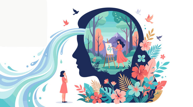 A silhouette of a head contains a tranquil forest scene where an artist paints, symbolizing creative inspiration flowing in.