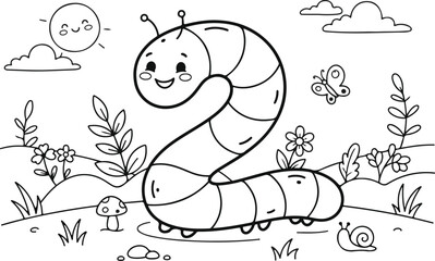 Fototapeta premium Cute Cartoon Number Two Shaped Caterpillar in Garden Outline Vector Illustration with Sun Flowers and Butterfly for Kids Coloring Book Page