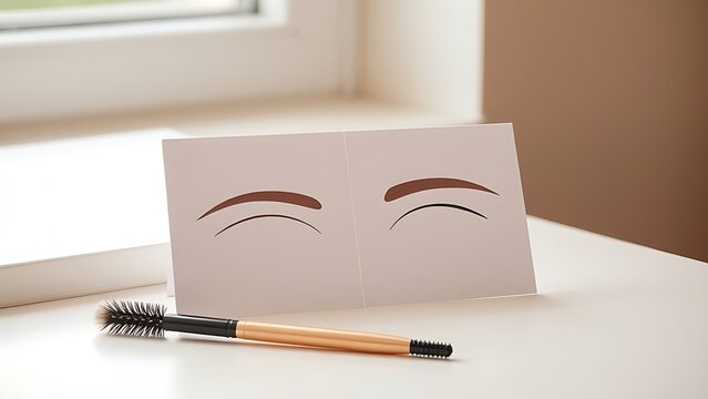 Split-frame eyebrow comparison with two shape templates and spoolie brush, brow design and shaping concept