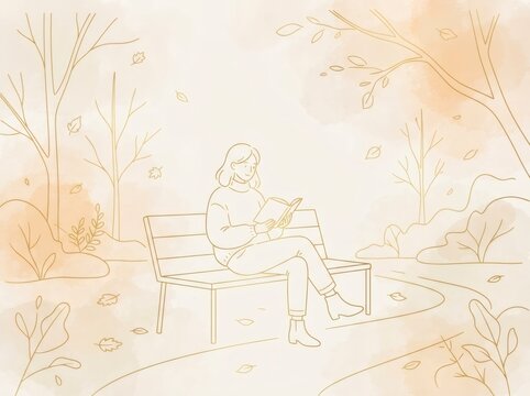 Woman sitting on bench in park reading book. Line art illustration of girl resting outdoors during autumn. Seasonal leisure activity, relaxation and education concept. Warm aesthetics.