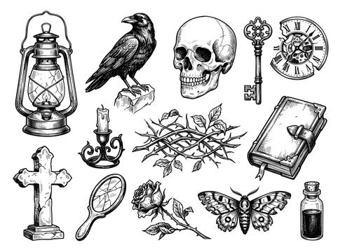 Gothic horror objects set, antique lantern, raven, skull, old key and ancient book, vintage engraving style sketch
