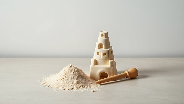Half-formed clay Tower of Babel model with sand and tool, communication and learning concept