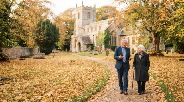 Clergyman and elderly woman walking together in churchyard during autumn. Priest talking to senior woman holding walking cane near historic religious building. Community support concept.
