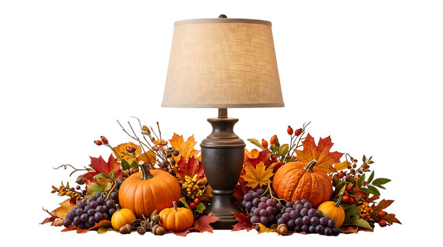 A decorative table lamp surrounded by autumn pumpkins colorful fall leaves and grapes on black background