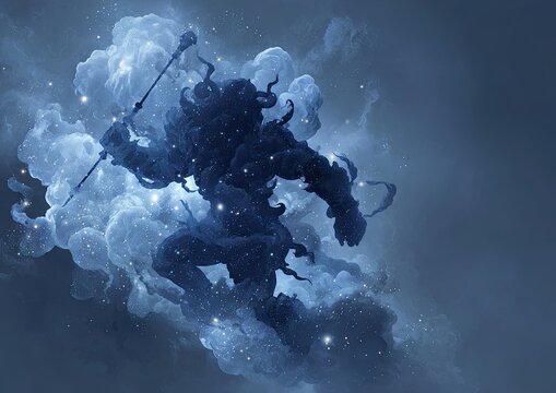 A celestial form, sculpted from swirling clouds, wielding a staff, enveloped in cosmic light