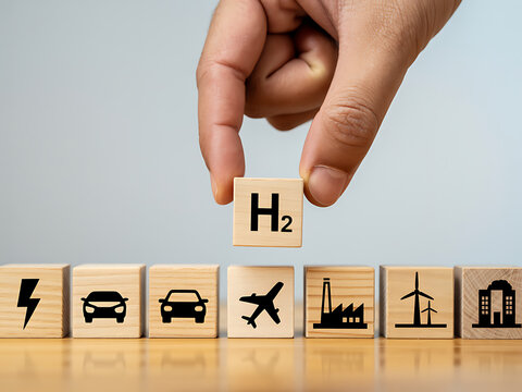 Hand holding wooden block with h2 sign
