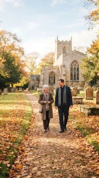 Priest walking with elderly woman through churchyard during autumn. Caring clergyman providing spiritual support and comfort to senior parishioner in beautiful seasonal outdoor setting.