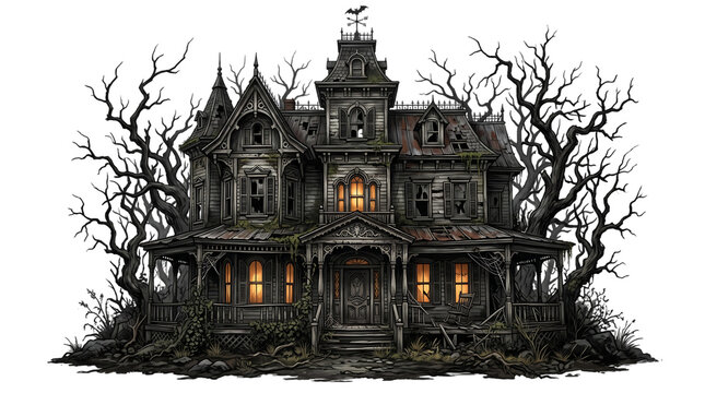 An old abandoned victorian haunted house with glowing windows surrounded by dead trees on black background