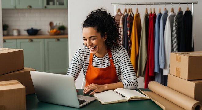 Young woman with curly hair and apron laughing while working on a laptop surrounded by packages