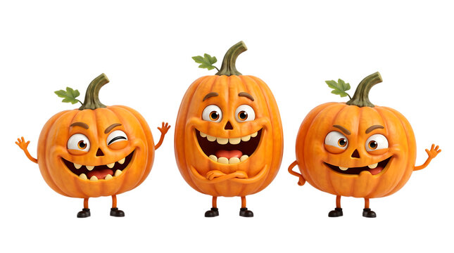 Three cute cartoon pumpkins with funny faces isolated on a black background for halloween design