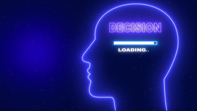 Decision Neon blue outline of a human head profile with the word Server Security and a loading bar on a dark blue starry background