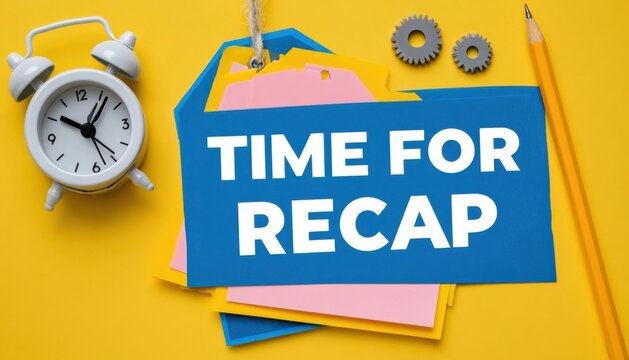 Time for recap concept with alarm clock, sticky notes, and pencils on yellow