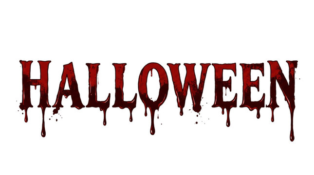 Halloween text design with a spooky horror style and dripping red blood on white background