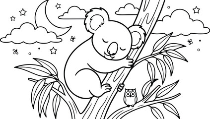 Cute sleeping koala bear on a eucalyptus tree branch with a small owl at night coloring page © Maruf Hasan