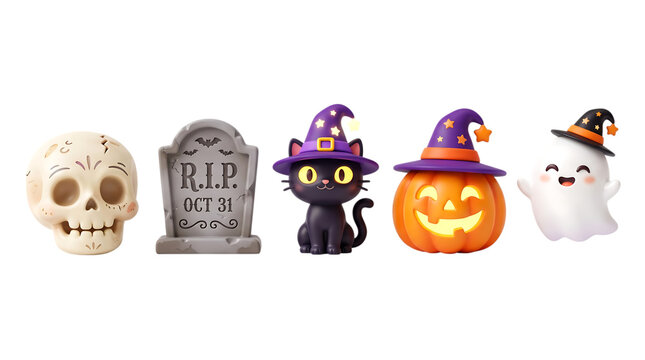 Cute 3d halloween icons featuring a skull tombstone black cat pumpkin and a friendly ghost character