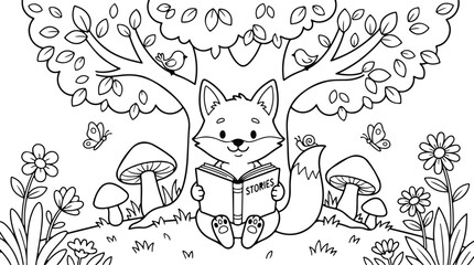 Cute little fox sitting under a tree reading a book in a forest coloring page for children