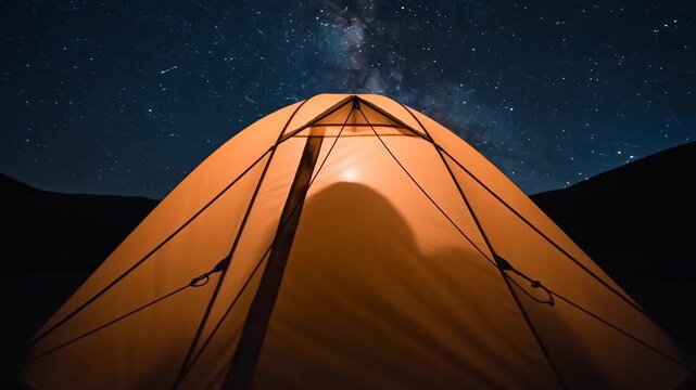 A person is inside a tent looking at the stars and the Milky Way. The camping trip takes place in a mountain area at night