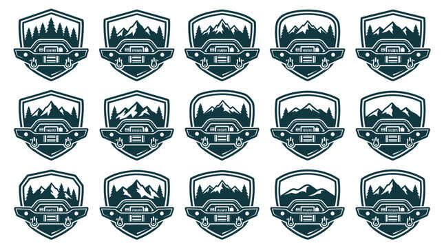 Set of 15 off-road 4x4 vehicle adventure logo templates featuring shield crests with mountain peaks, pine tree forests, and rugged truck front bumpers with winches and recovery hooks.