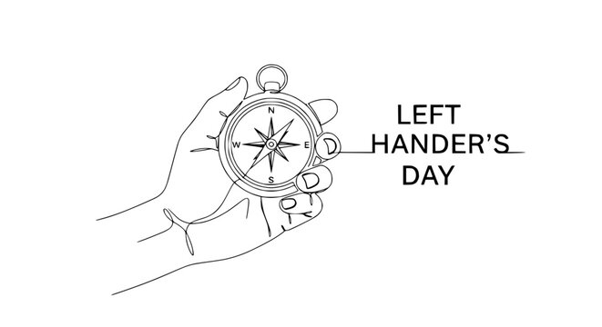Hand holding compass, Left Handers Day graphic, navigation tool, white background, line art