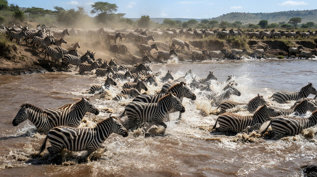 Large herd of wild zebras crossing a muddy river during the great migration in the African savanna