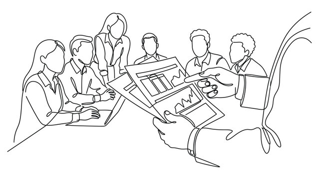Business team collaborating during a meeting with data charts.