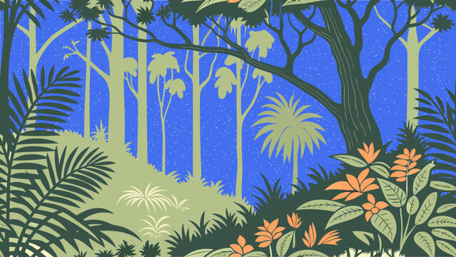 Vector, night, stars, jungle, park, summer, grass, sky, walk, nature, green, game, cloud, vector graphics, forest, trees, clouds, bushes, joy, relaxation, banner, poster, panorama, mountains, lakes