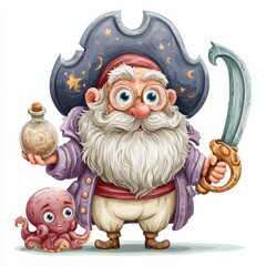 Obraz premium Watercolor Bearded Pirate Captain with Sword and Octopus
