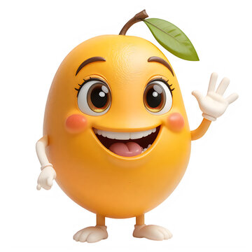 Cute cartoon mango character with a friendly face waving hand and smiling at the camera